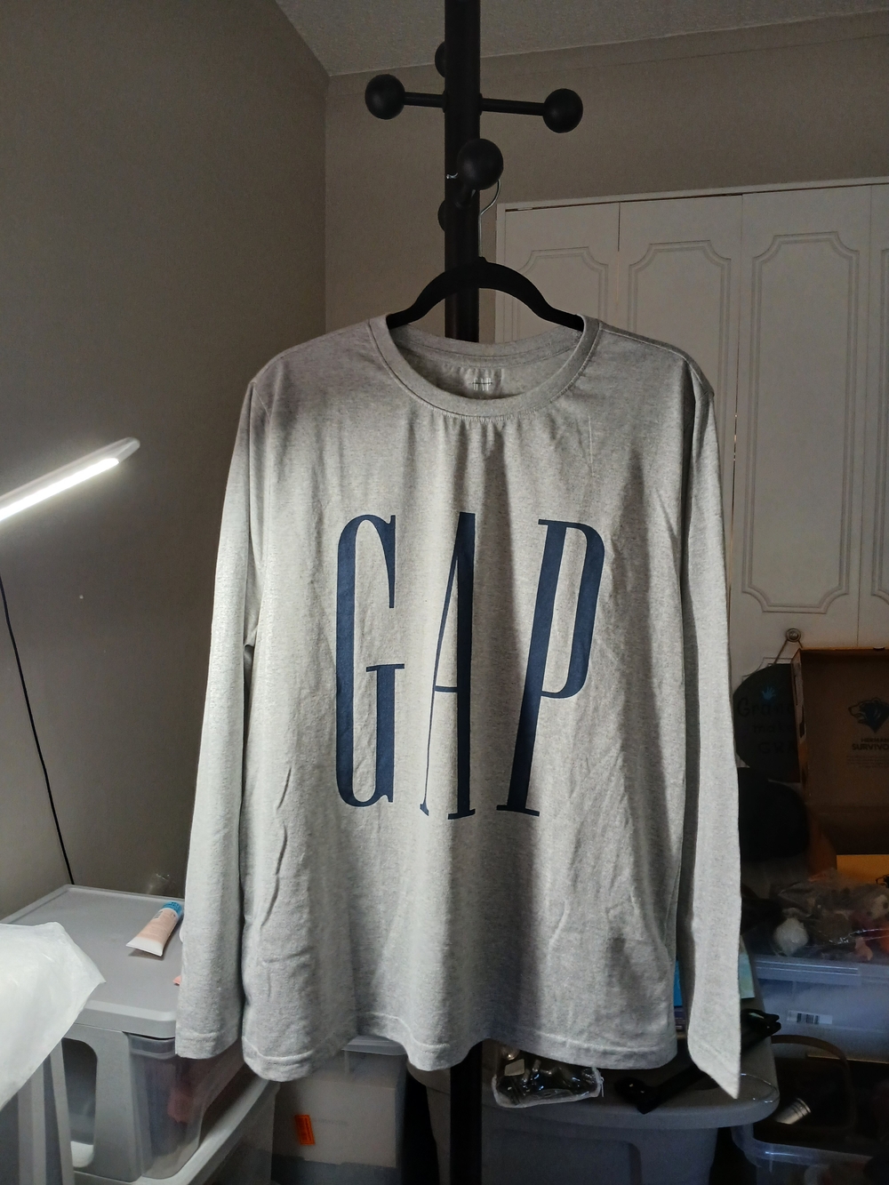 GAP Gray Long Sleeve Tee with Navy Logo